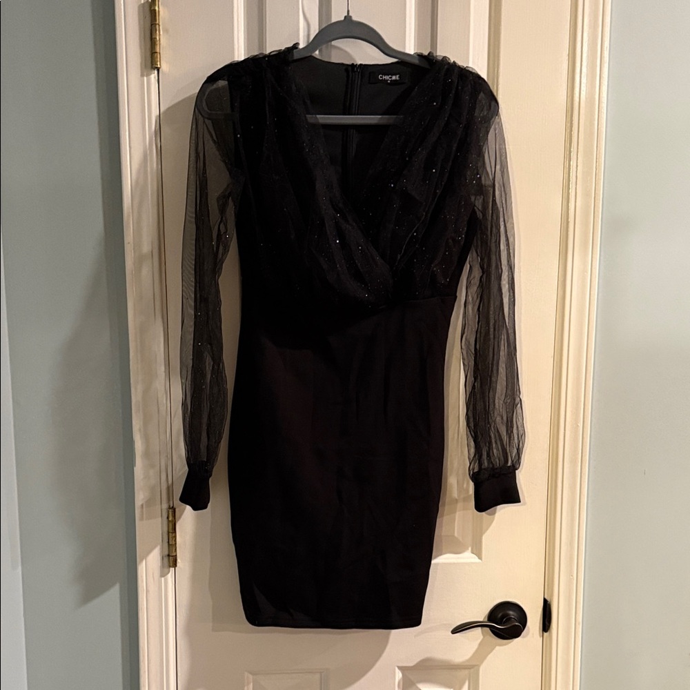 CHICME Black Sheer Long Sleeve Wrap Dress | Size M